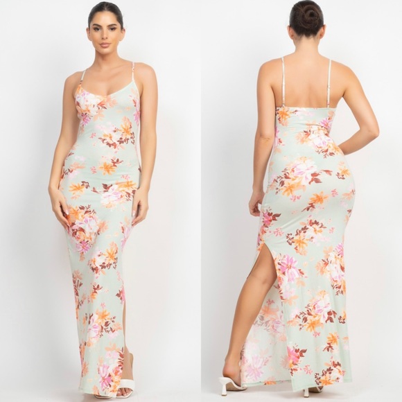 🆕Sage floral print maxi dress with side slit - Picture 1 of 8